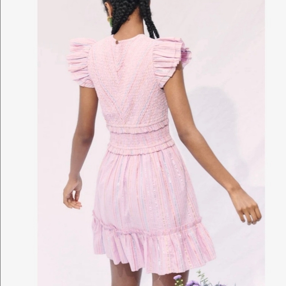 Saylor Zinnia Stripe Mini Dress Size M Smocked Pink Metallic Swiftie Dress - Picture 2 of 12